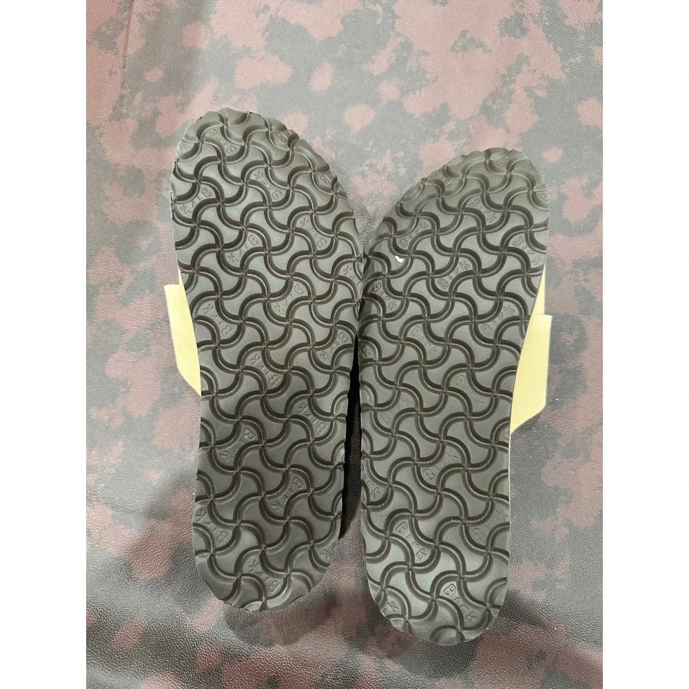 Papillio by Birkenstock Tan Nubuck Platform Slide Sandals Gold Buckle Size 39